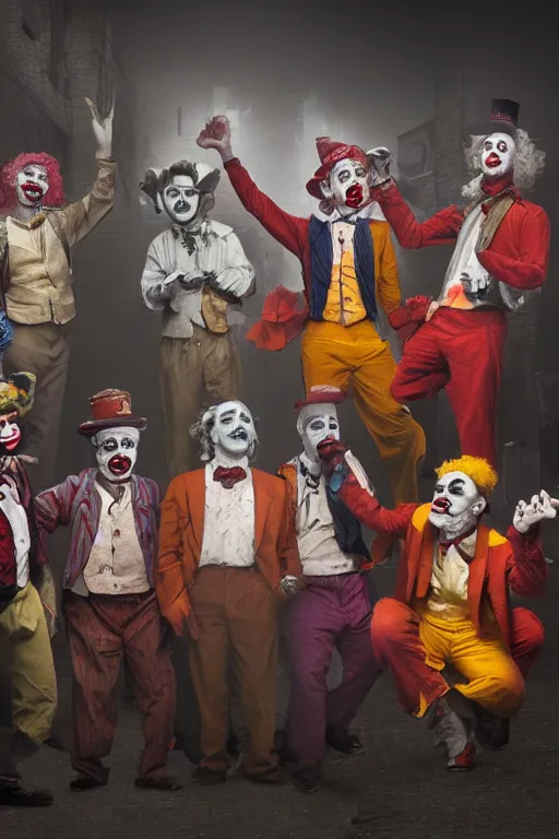 Prompt: a group of men dressed as clowns standing in front of a tv screen in a dark foggy alley, highly detailed, trending on artstation