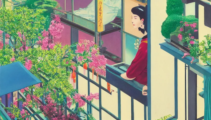 Prompt: a vibrant dream of a beautiful girl wearing gucci from behind on a balcony looking out over a fancy street in kyoto japan, lush plants, galaxy, glowing paper lanterns, high fashion, magic details, by moebius, edward hopper, james gilleard, and james jean, hd, 8 k, trending on artstation, uhd,