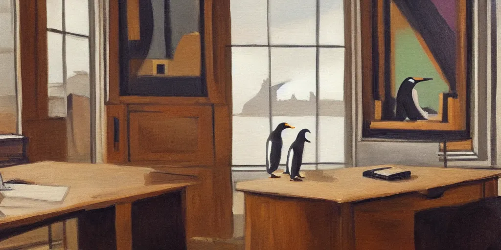 Image similar to semi - abstract painting of a desk made of oak, next to an extremely intellectually looking penguin, window with the big ben in the background, visual art, award winning, volumetric lighting