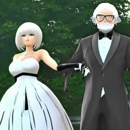 Prompt: Colonel Sanders marrying 2B from nier automata in kentucky