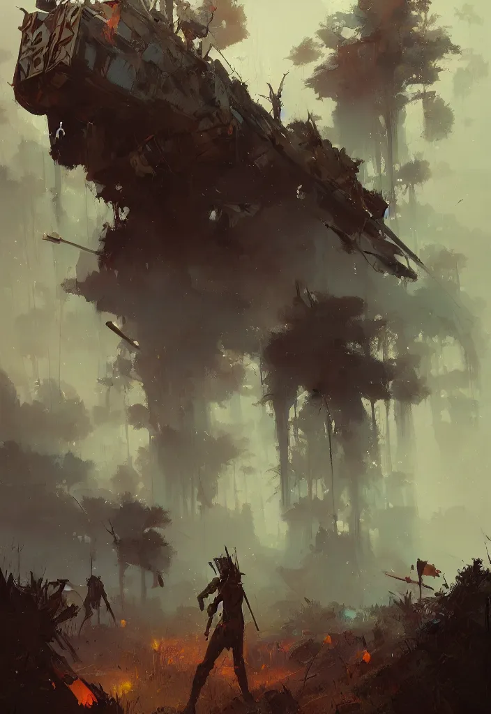 Prompt: ismail inceoglu epic painting of ancient tribal war, forest, smoke and mist, painting, line art, art concept for a book cover, trending on artstation, by greg manchess and by craig mullins and by kilian eng and by jake parker