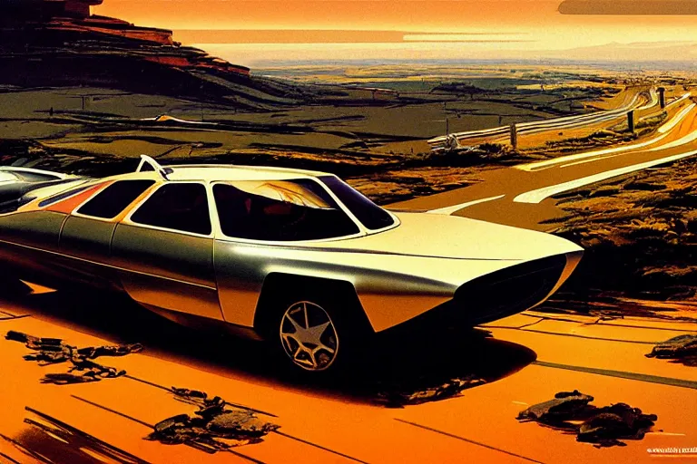 Prompt: retro futuristic car on gravel road over hilly moorland, city in the distance, by syd mead, john berkey, jeremy mann, science fiction