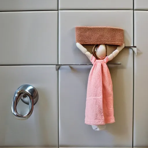 Image similar to a doll hanging, tied to a towel rack in the bathroom with a fabric belt