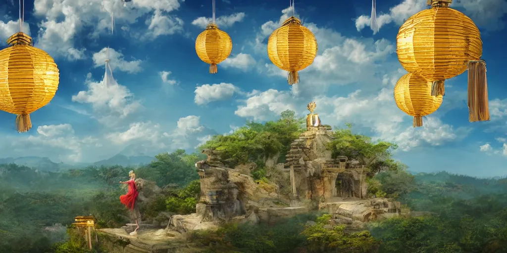 Image similar to wind god enjoying the view from his stone heavenly palace, decorated with windchimes and paper lanterns, nature, clouds and other palaces in background, digital art