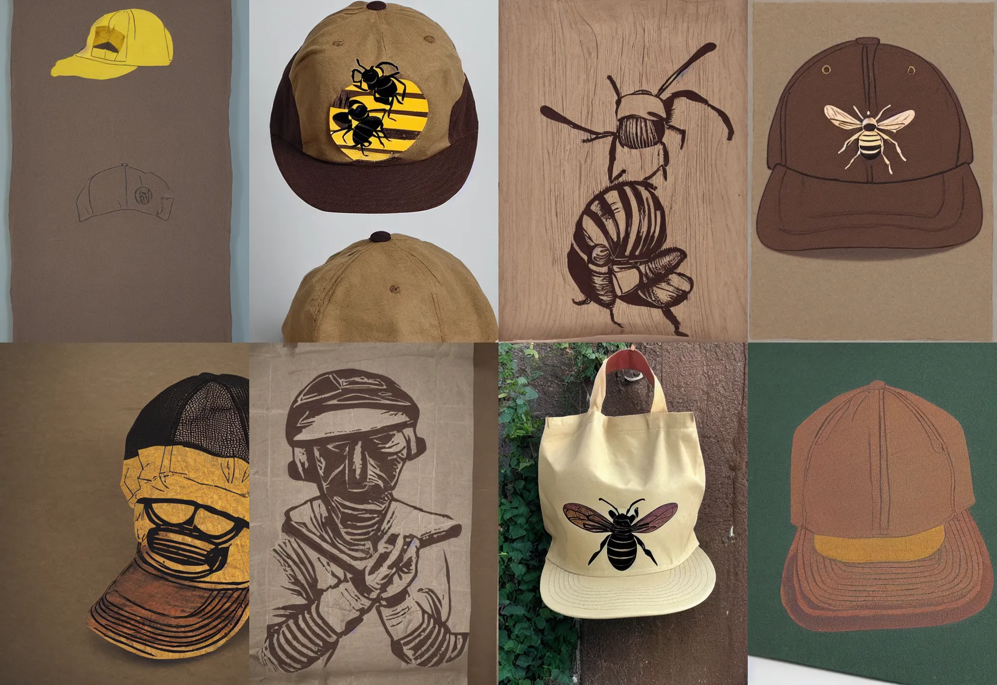 Image similar to a color photograph of a brown baseball cap handmade from a shopping bag with a large woodcut of a bee printed on the front