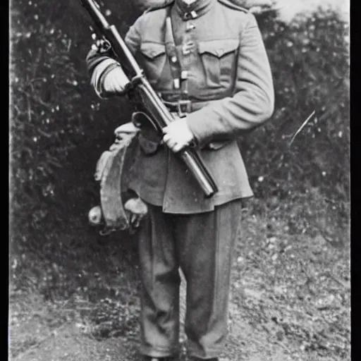 Prompt: old wartime photograph of elon musk holding a lewis gun, 1 9 1 7