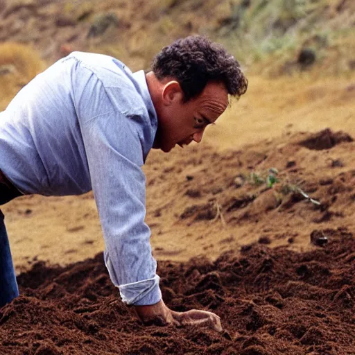 Image similar to Tom Hanks on all fours eating a pile of dirt