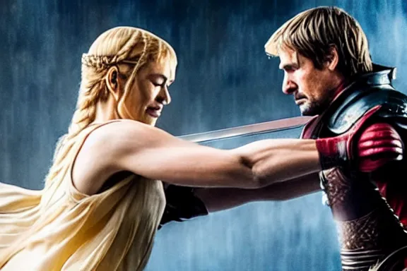 Image similar to very very intricate photorealistic photo of jaime lannister fighting cersei, photo is in focus with detailed atmospheric lighting, award - winning details