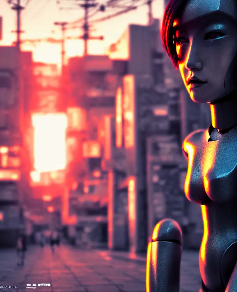 Image similar to a photo close up cyberpunk half robot half girl stands in a cyberpunk hiroshima, prefecture streets, sunset, photorealistic, cinematic lighting, very detailed, style by tomino - sama