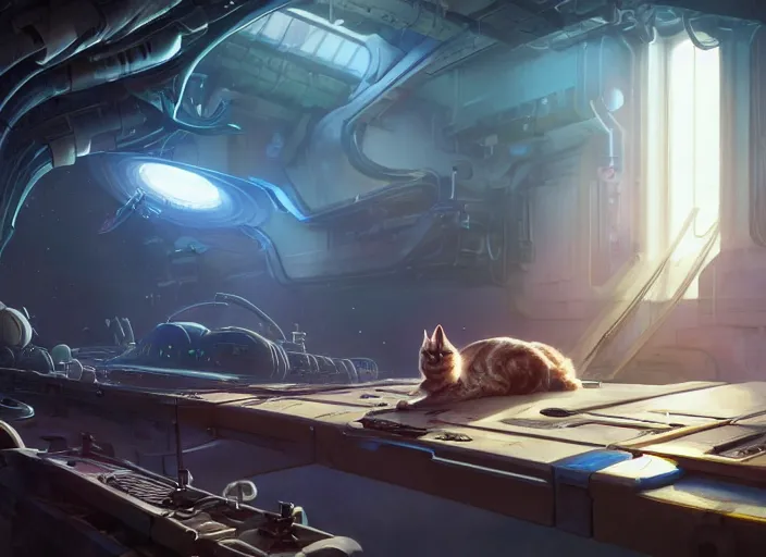 Image similar to alien space cat sleeping on a mechanics workbench in a spaceport with their android owner repairing a ship in the background in a space opera ghibli animated film, volumetric lighting, octane render by stanley artgerm lau, greg rutkowski, thomas kindkade, alphonse mucha, loish, norman rockwel, highly detailed