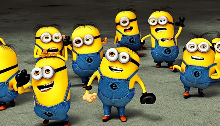Prompt: fight!!!! club!!!!, fight!!!! club!!!! ((the minions)), movie still, directed by David fincher