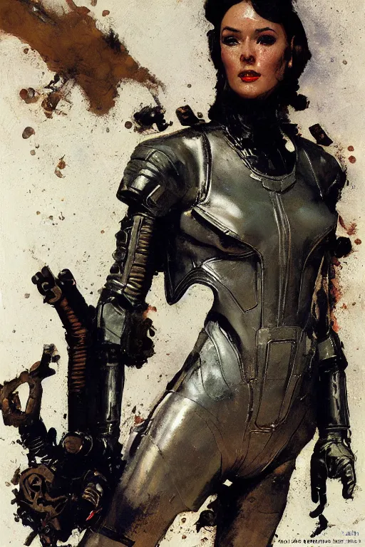 Image similar to pulp scifi fantasy illustration full body portrait of elegant woman wearing leather and metal spacesuit, by norman rockwell, jack kirby, bergey, craig mullins, ruan jia, jeremy mann, tom lovell, 5 0 s, astounding stories, fantasy