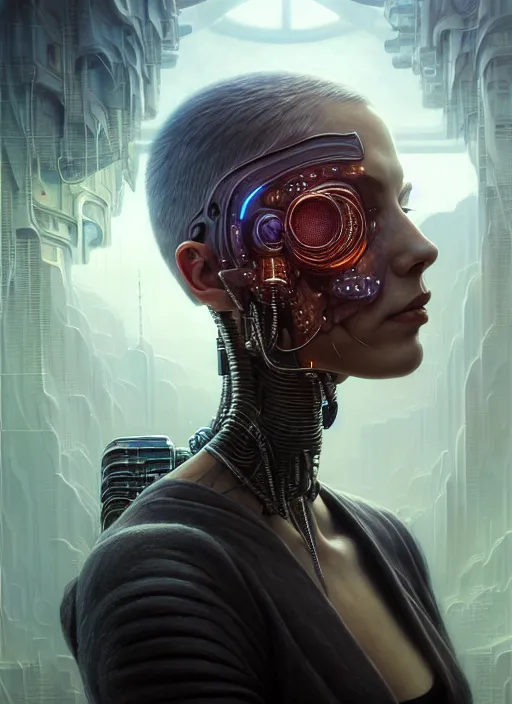 Image similar to closeup portrait shot of a cyberpunk cyborg in a scenic dystopian environment, intricate, elegant, highly detailed, centered, digital painting, artstation, concept art, smooth, sharp focus, illustration, artgerm, tomasz alen kopera, peter mohrbacher, donato giancola, joseph christian leyendecker, wlop, boris vallejo