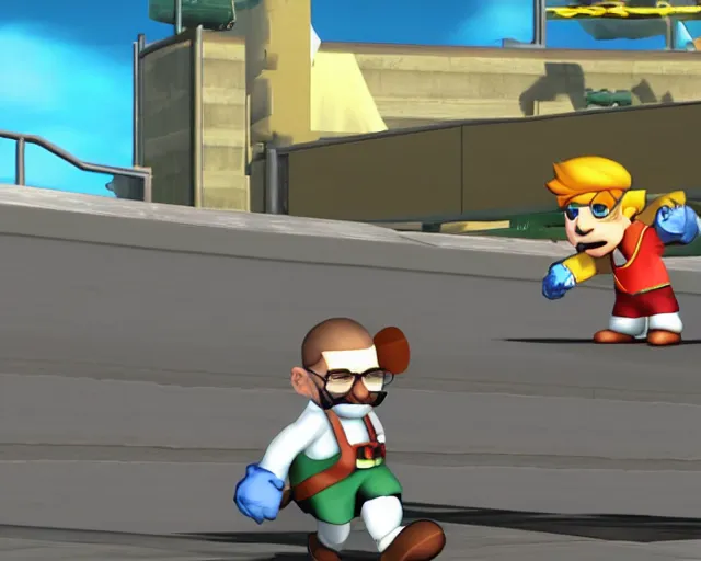 Prompt: walter white in super smash bros, screenshot, zoomed out, HD