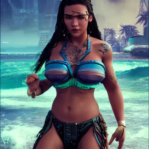 Prompt: cyberpunk moana hyper - realistic, very detailed, intricate, very sexy pose, slight smile expression, unreal engine, by artgerm, wlop and ross thran, dramatic cinematic lighting rendered by octane, 8 k, detailed