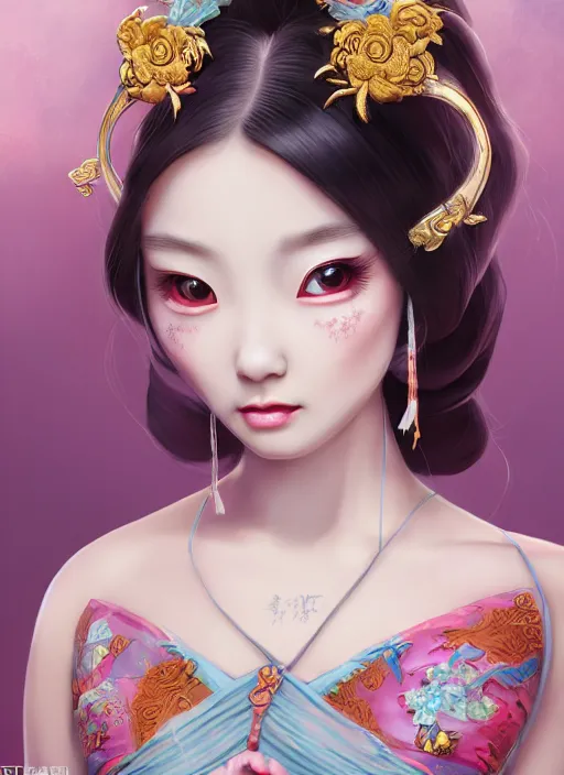 Prompt: beautiful fashion girl in tang dynasty with big eyes, strapless dress, character portrait in the style of thomas river and artgerm, wlop, cinematic lighting, hyperdetailed, 8 k realistic, symmetrical, global illumination, radiant light, halo, love and mercy, frostbite 3 engine, cryengine, dof, trending on artstation, digital art, chanel