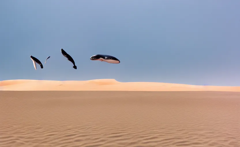 Image similar to whales jumping into sand dunes, photography