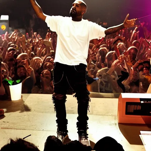Prompt: kanye west performing a concert in a mcdonalds playplace