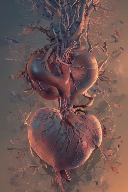 Image similar to anatomical heart, tooth wu, dan mumford, beeple, wlop, rossdraws, james jean, marc simonetti, artstation giuseppe dangelico pino and michael garmash and rob rey and greg manchess and huang guangjian and makoto shinkai