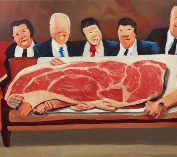 Prompt: oil painting of couch made out of meat, business men sitting on couch of meat and talking,