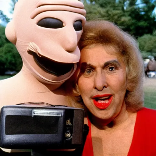 Image similar to 1981 woman on tv show wearing a squishy inflatable prosthetic mask long stick nose, soft color wearing a leotard at the park 1981 color film 16mm holding a an inflatable animal Fellini John Waters Russ Meyer Doris Wishman old photo