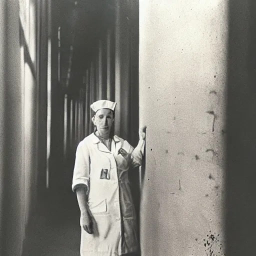 Prompt: ortrait of a nurse standing at wall, photo by wiliam eggleston