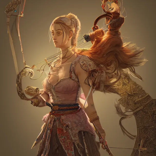 Image similar to the portrait of lawful neutral semi - colorful female archer huntress as absurdly beautiful, gorgeous, elegant, young woman, an ultrafine hyperdetailed illustration by kim jung gi, irakli nadar, intricate linework, bright colors, octopath traveler, final fantasy, unreal engine 5 highly rendered, global illumination, radiant light, detailed and intricate environment