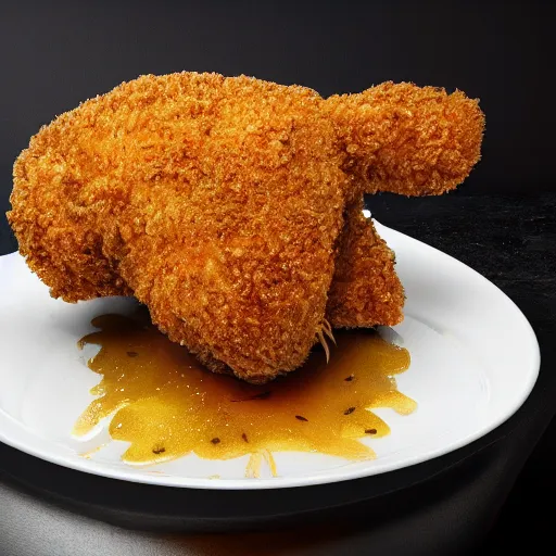 Image similar to breaded chicken sitting on the king’s throne with a crown of a king in top of it, hyper realistic, 4k