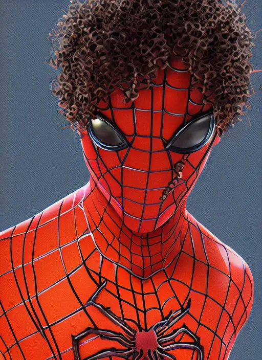 Image similar to illustration of curly orange hair man from mervel's spider man : miles morales, au naturel, hyper detailed, digital art, trending in artstation, cinematic lighting, studio quality, smooth render, unreal engine 5 rendered, octane rendered, art style by klimt and nixeu and ian sprigger and wlop and krenz cushart and marvel