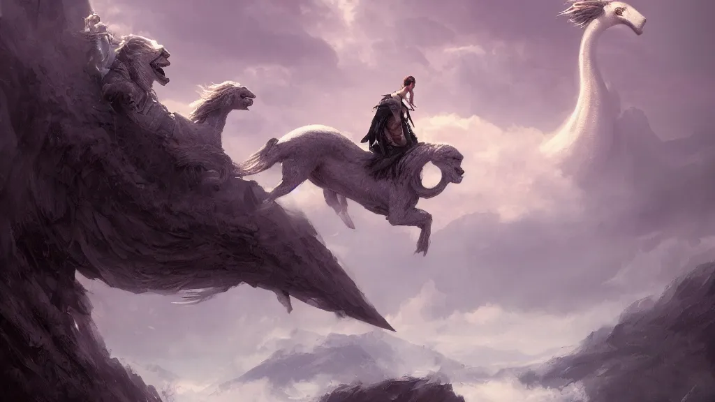 Prompt: riding the kind hearted falkor through the nothing. the neverending story movie. greg rutkowski. sunlit undertones. barlowe. artstation. 3 8 4 0. 2 1 6 0.