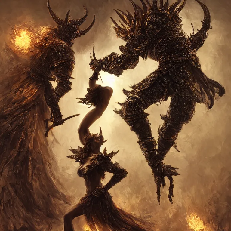 Image similar to dance of a couple, black man and a female devil, Dark Souls 3 themed, in style of Ruan Jia, insanely detailed and intricate, golden ratio, elegant, ornate, luxury, elite, matte painting, cinematic, cgsociety, James jean, Brian froud, ross tran, Laputa