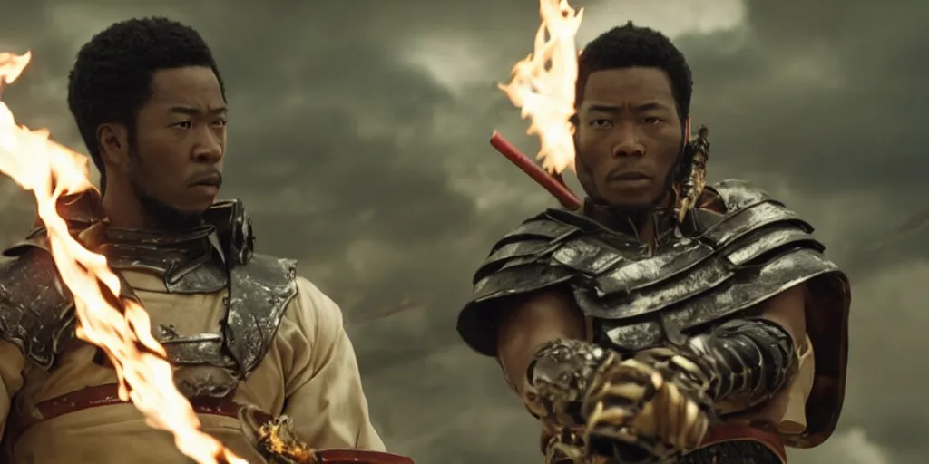 Image similar to a film still of a black man starring in a japanese blockbuster film as ancient evil samurai with fire powers, shallow depth of field, cinematic, award winning cgi, vfx, film still