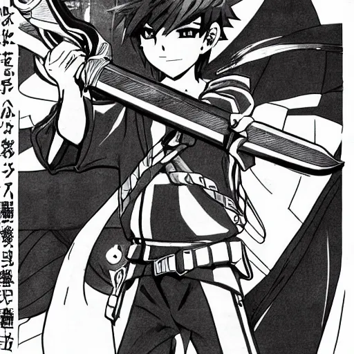 Image similar to young anime hero with a sword, illustrated by mato and ken sugimori, studio ghibili, manga, black and white illustration