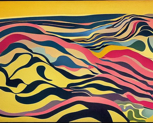 Prompt: A wild, insane, modernist landscape painting. Wild energy patterns rippling in all directions. Curves, organic, zig-zags. Saturated color. Mountains. Clouds. Rushing water. Wayne Thiebaud. Charles Burchfield.