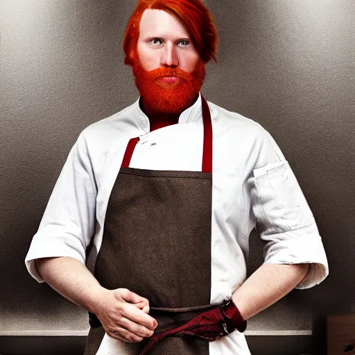 Image similar to red headed man wearing a white chef\'s apron, full body, no beard, dungeons and dragons character art, trending on artstation