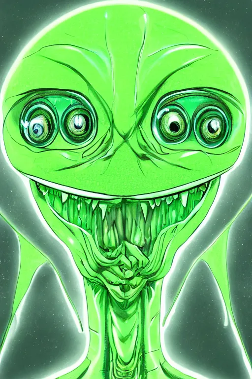 Image similar to an anxious green alien, symmetrical, highly detailed, digital art, sharp focus, trending on art station, anime art style