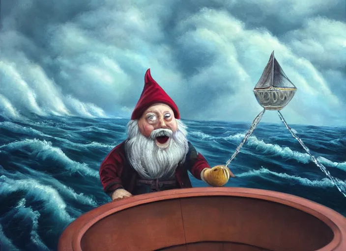 Image similar to a terrified garden gnome sailing in a bucket, background of raging ocean on a stormy with dramatic clouds, an ultrafine detailed painting by mark ryden, trending on deviantart, pop surrealism, whimsical, lowbrow, danger, perfect symmetrical face