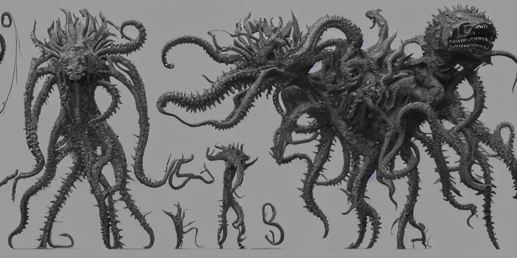 Prompt: lovecraftian creature design, character sheet, 3d render, Greg Rutkowski, Zabrocki, Karlkka, Jayison Devadas, Phuoc Quan, trending on Artstation, 8K, ultra wide angle, zenith view, pincushion lens effect