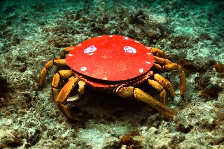 Image similar to robot kawaii crab underwater, in 2 0 1 2, bathed in the the glow of a crt television, crabcore, low - light photograph, photography by tyler mitchell