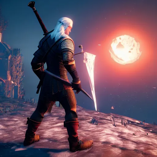 Image similar to cut-scene footage of the witcher 3 geralt fighting a monster in the moonlight on a rooftop, cityscape, highly textured, wide angle, action shot, cinematic