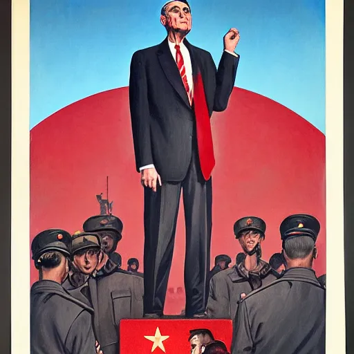 Image similar to propaganda poster of robert mueller standing in front of soviet flag by j. c. leyendecker, bosch, lisa frank, jon mcnaughton, and beksinski