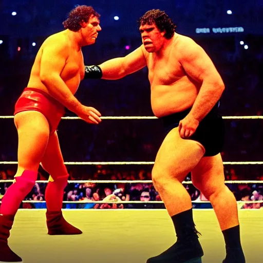 Image similar to WWE poster for the shrek vs andre the giant fight at wrestlemania 8, dramatic lighting, 8k amazing photograph,