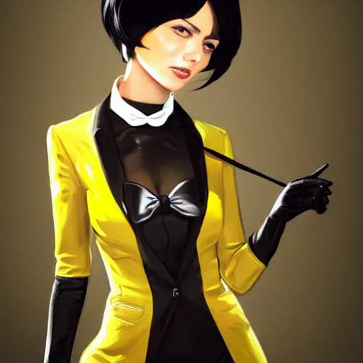 Image similar to slim girl in yellow snake skin tuxedo and black leather gloves with short black hair and with black eye patch, elegant, 2d, ultra highly detailed, digital painting, smooth, sharp focus, artstation, art by Ilya Kuvshinov