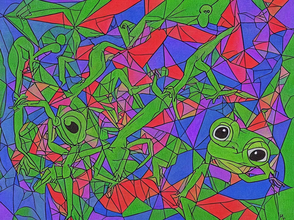 Prompt: pepe the frog walking on hyper-dimensional impossible geometric object, high detail, highly abstract, vivid colors, a little bit touch of M. C. Escher