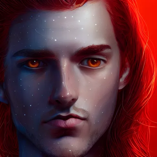 Image similar to portrait of a thin young man with long red hair, ponytail, a lot of freckles on his face, intricate, elegant, glowing lights, highly detailed, digital painting, artstation, concept art, smooth, sharp focus, illustration