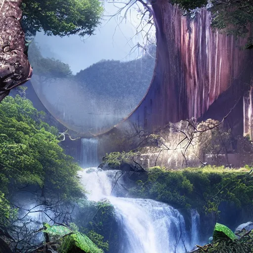 Prompt: Beautiful landscape of an abandoned city with a giant tree inside and a river near the waterfall, digital art, cgsociety, cinematography by John Boorman