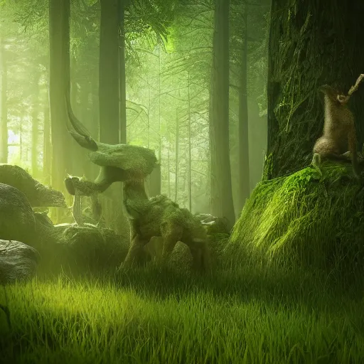 Prompt: deep forest with mystical creatures, rendered in octane, magic, love energy, nature, lush green environment, rendered octane