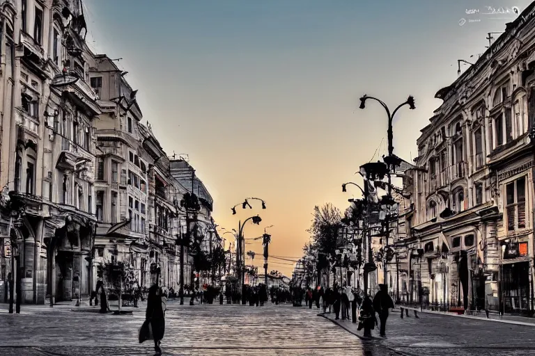 Prompt: urban photography of bucharest, award winning, sunset, streets, buildings, people, beautiful