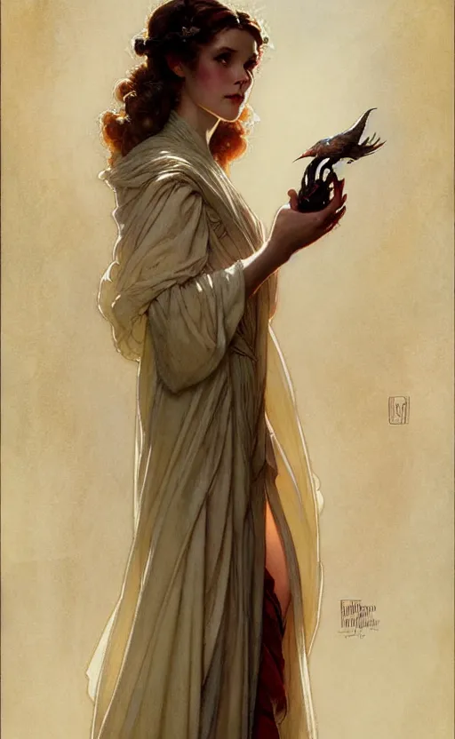 Image similar to girl wearing gown gorgeous lighting by weta studio, mucha, bautista and norman rockwell and greg rutkowski and tom bagshaw and james gurney and lucasfilm