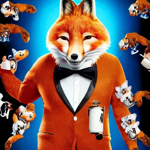 Image similar to comedy movie poster featuring an anthropomorphic fox wearing a white suit, fried chicken in the background, promotional media